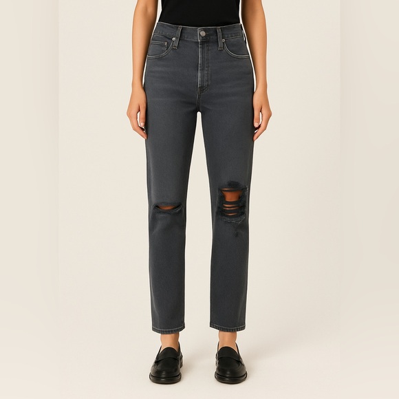 Agolde Denim - AGOLDE Black‎ Lana Mid Rise Distressed Straight Leg Jean